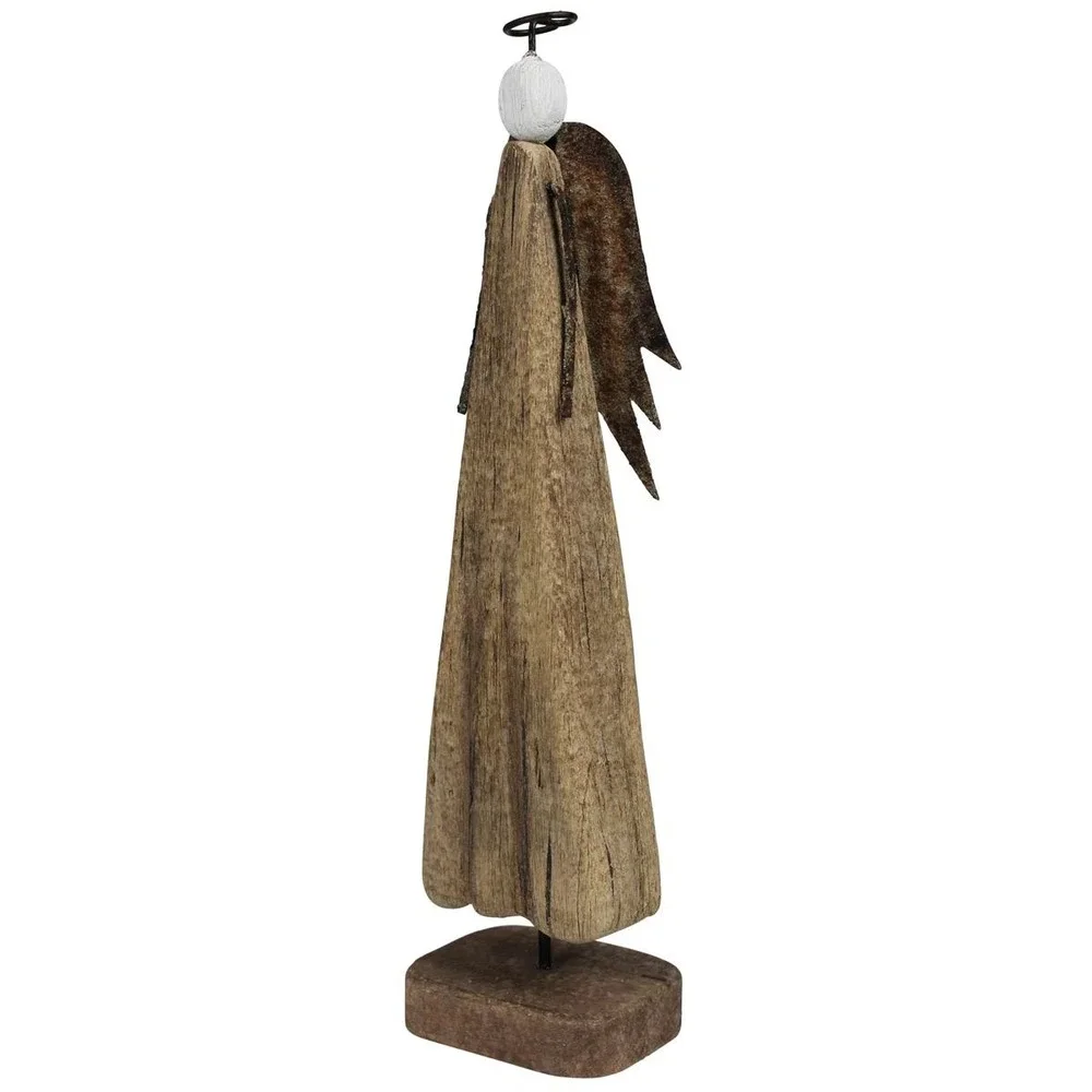 Primitive Wood Angel Figure Rusted Metal Wings Farmhouse Decor Medium 12